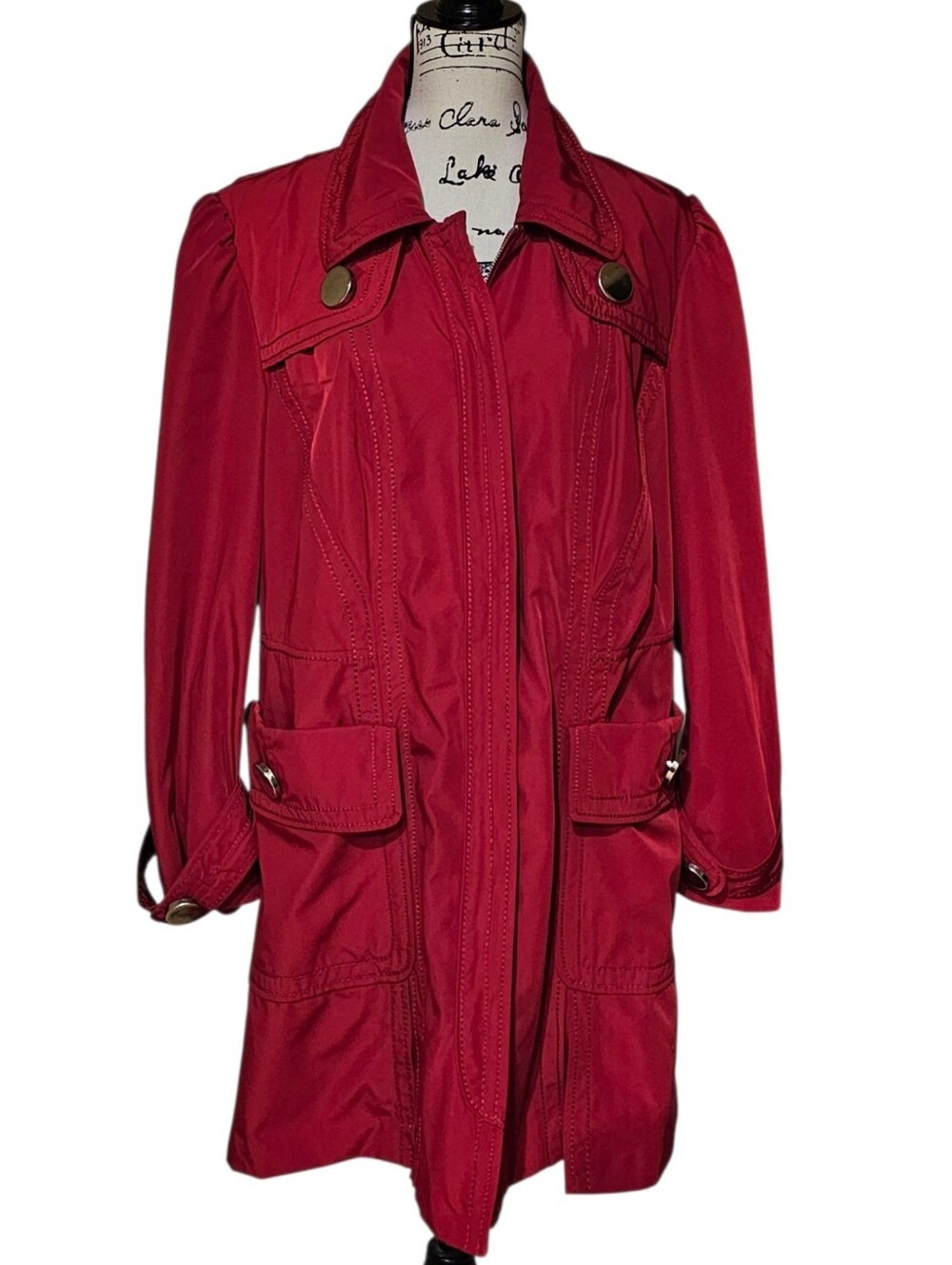 Nygard Women's Red Trench Coat with Buttoned Flap Pockets